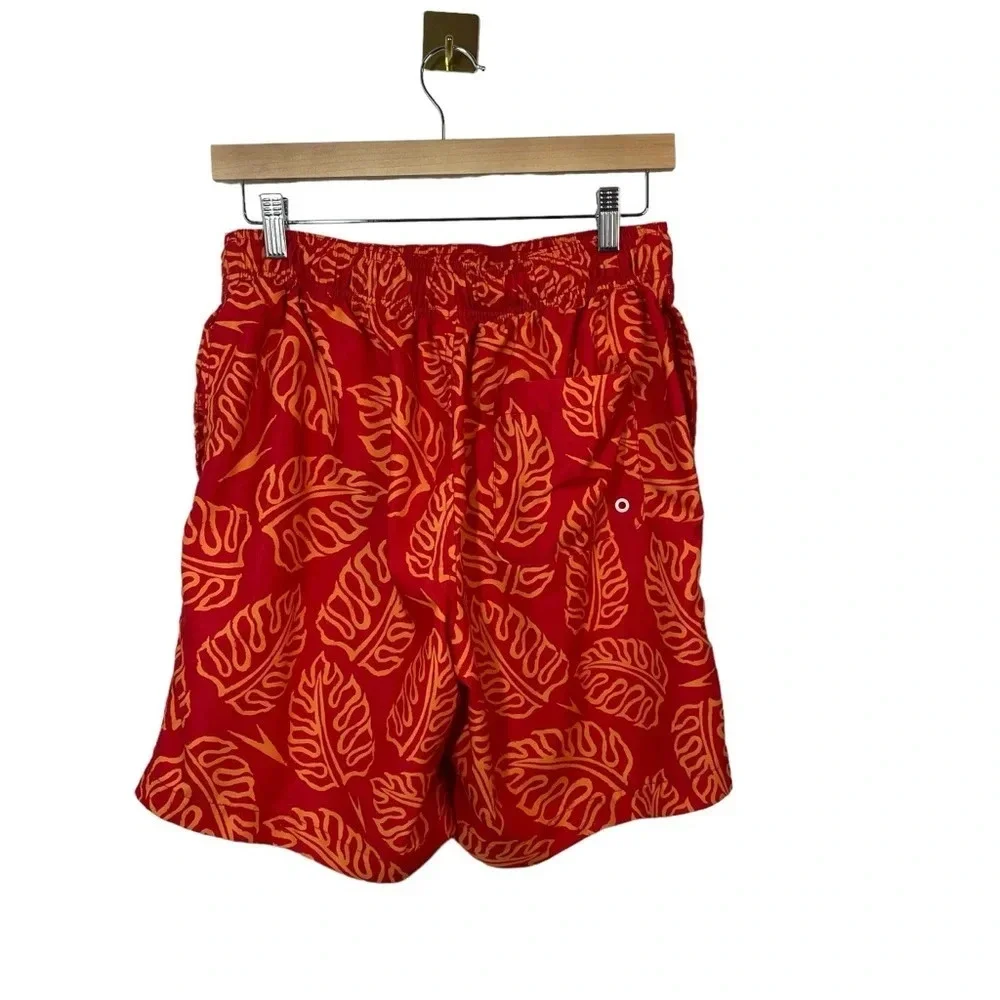 Speedo Men’s Red Orange Leaf Print Swim Trunks Board Shorts Size M